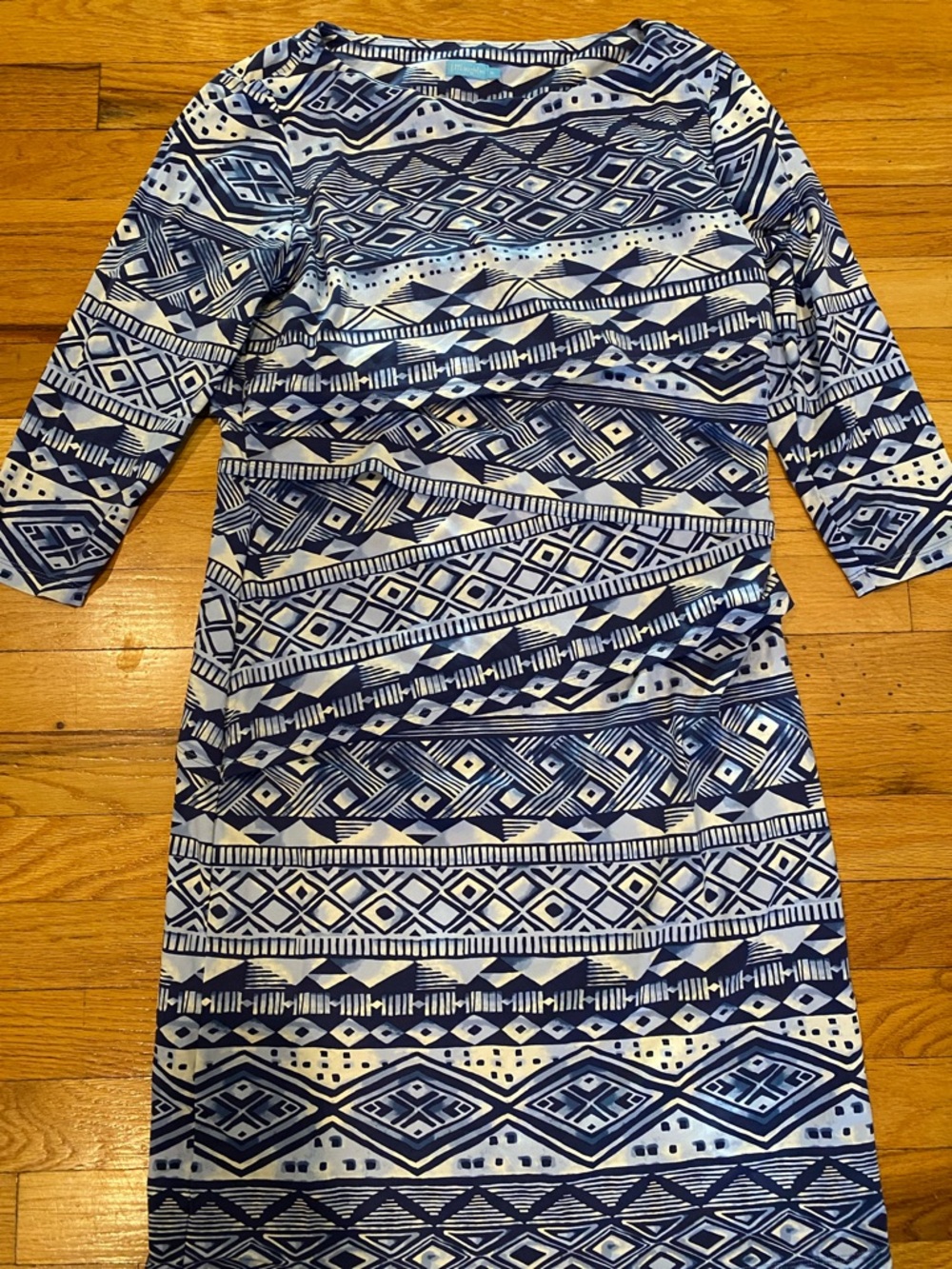 J. McLaughlin Blue and White Geometric Long-Sleeve Dress